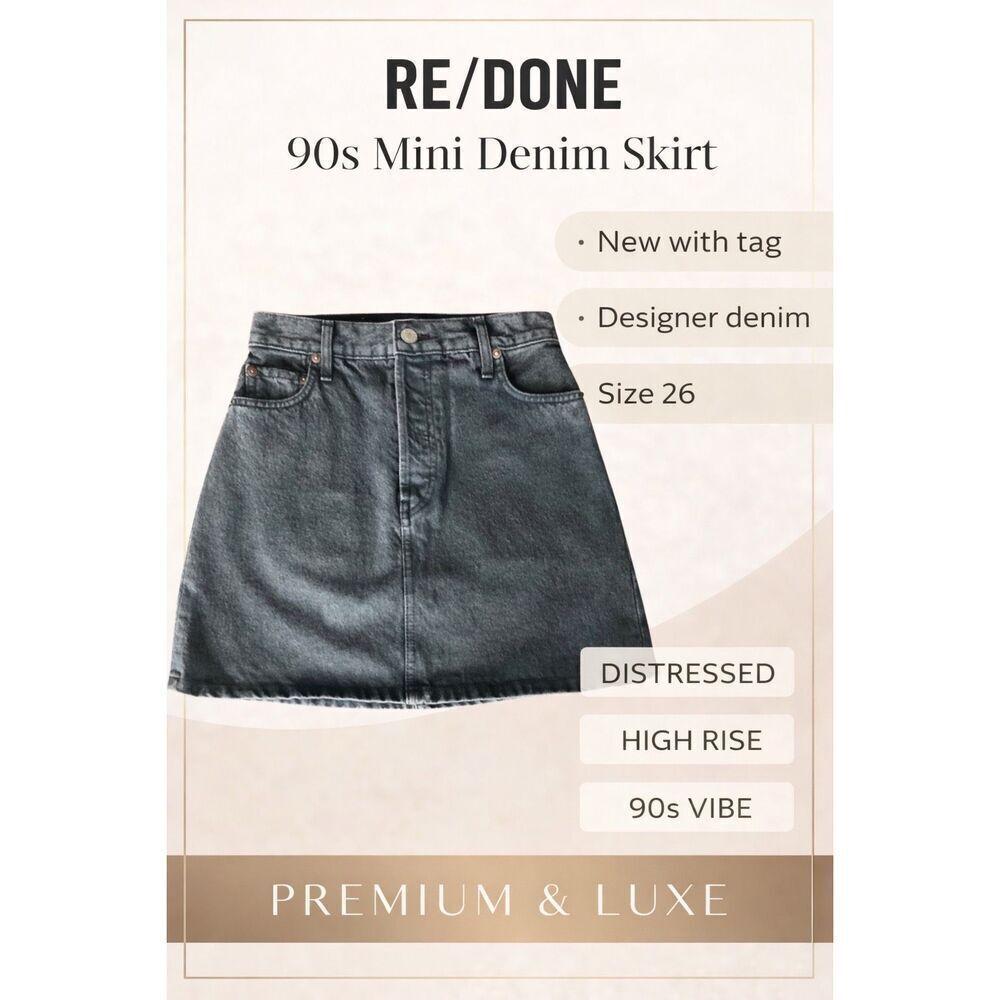 RE/DONE 90s Mini Denim Skirt Black High Rise Distressed Size 26 NEW